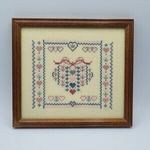 Central Heart Cross Stitch Shape Style is Reminiscent of Folk-Art Samplers 9"x8"